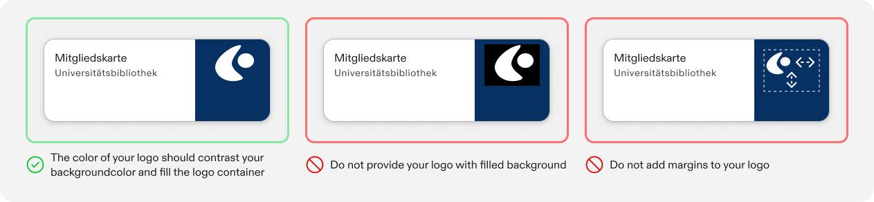 A do/don't pair showing a logo with adequate contrast against its background color, next to one where the logo blends into the background and becomes hard to see.