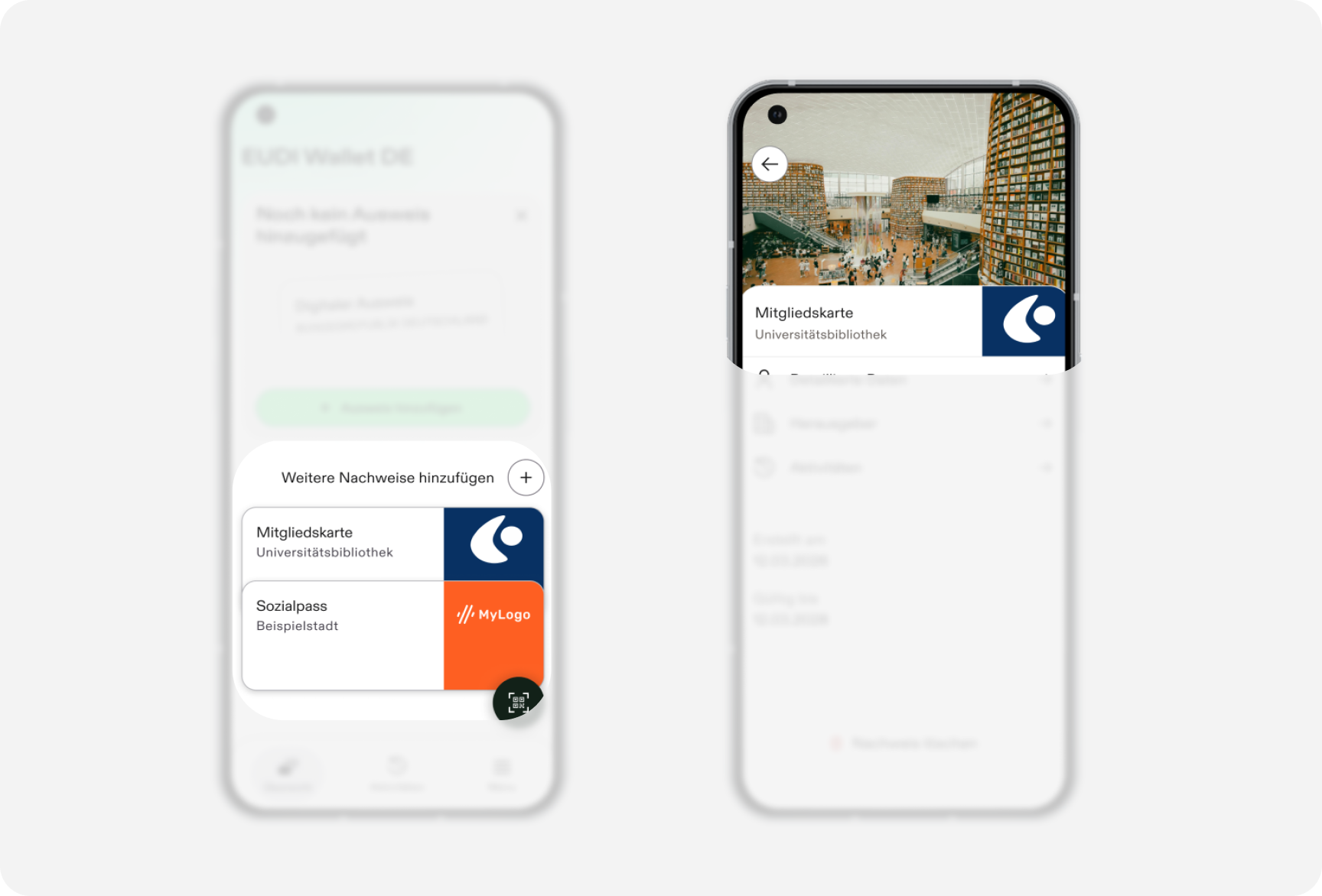Two phone screens side by side: an EAA credential card on the wallet's home screen, and its expanded detail page, showing the two views issuers configure in this guide.