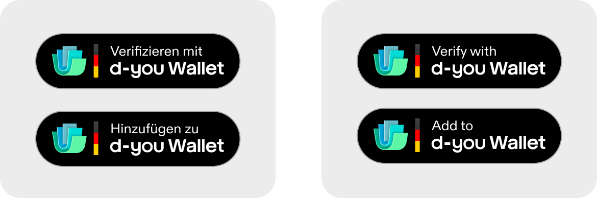Four d-you Wallet buttons in two groups. Left, the German buttons: "Verifizieren mit d-you Wallet" and "Hinzufügen zu d-you Wallet". Right, the English buttons: "Verify with d-you Wallet" and "Add to d-you Wallet". All four buttons look the same: a black pill shape with the d-you Wallet symbol on the left, then a vertical bar in black, red and gold, then the label on two lines. The action is on the first line in regular weight, and "d-you Wallet" is in bold on the second line.