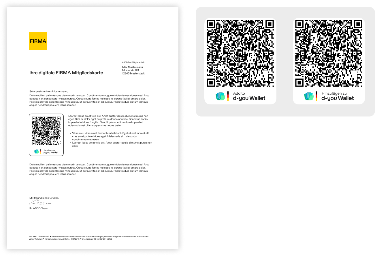 Left: example letter from a fictional company "FIRMA" with the subject "Ihre digitale FIRMA Mitgliedskarte". Next to the letter text is a QR code in the d-you Wallet frame with a thin black outline, labeled "Hinzufügen zu d-you Wallet". Right: two QR code frames for print. The left one reads "Add to d-you Wallet", the right one "Hinzufügen zu d-you Wallet".