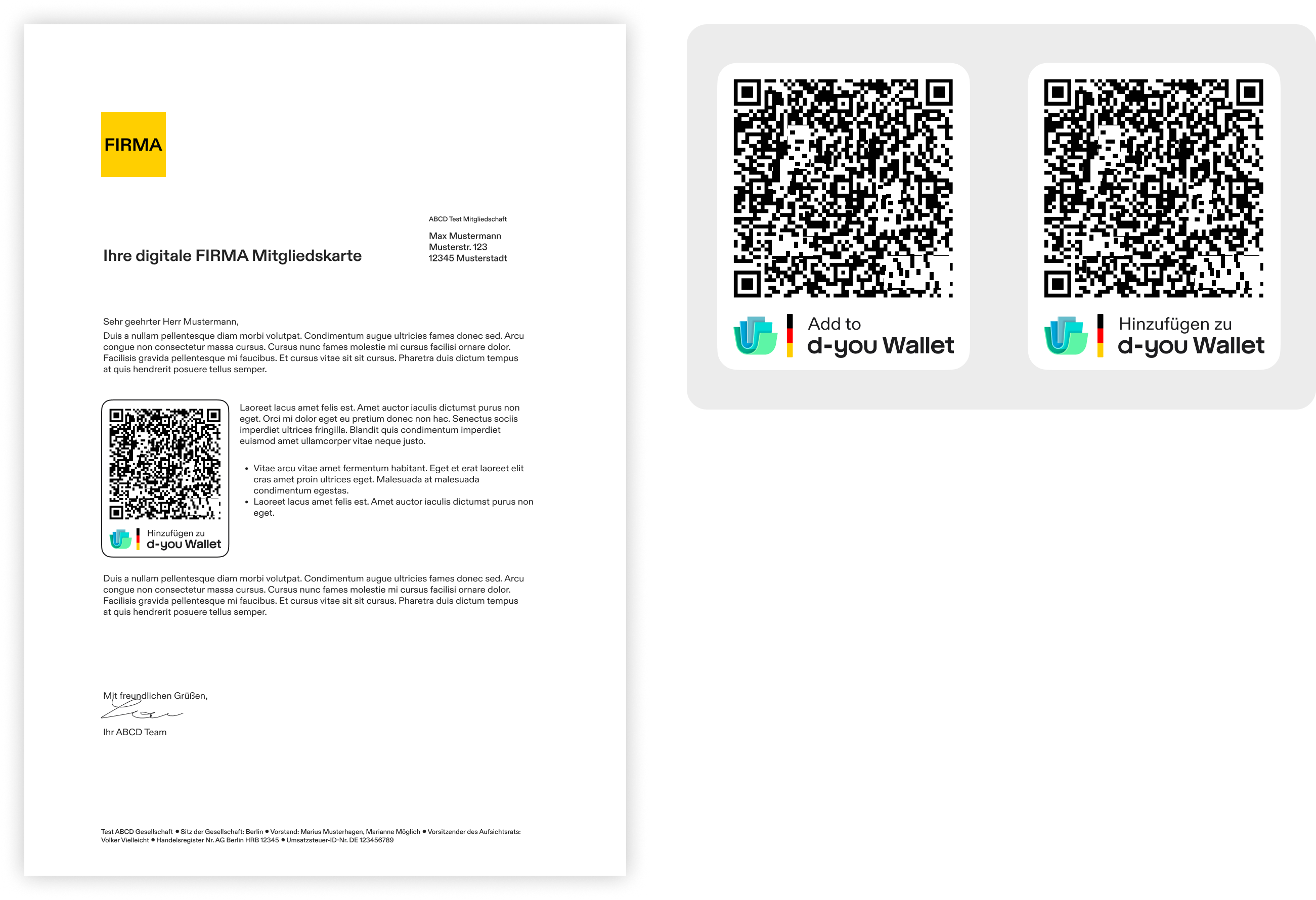 Left: example letter from a fictional company "FIRMA" with the subject "Ihre digitale FIRMA Mitgliedskarte". Next to the letter text is a QR code in the d-you Wallet frame with a thin black outline, labeled "Hinzufügen zu d-you Wallet". Right: two QR code frames for print. The left one reads "Add to d-you Wallet", the right one "Hinzufügen zu d-you Wallet".