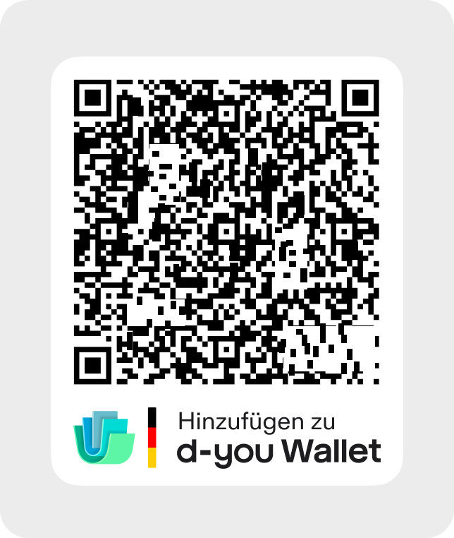 QR code frame with spacing measurements in pixels. A white frame with rounded corners contains a QR code at the top and the branding "Hinzufügen zu d-you Wallet" below it. The branding consists of the d-you Wallet symbol, the vertical bar in black, red and gold, and the two-line label. The QR code sits 8 from the top edge and 8 from the left edge of the frame. The space between the QR code and the branding is 16, and the space between the branding and the bottom edge of the frame is 12.