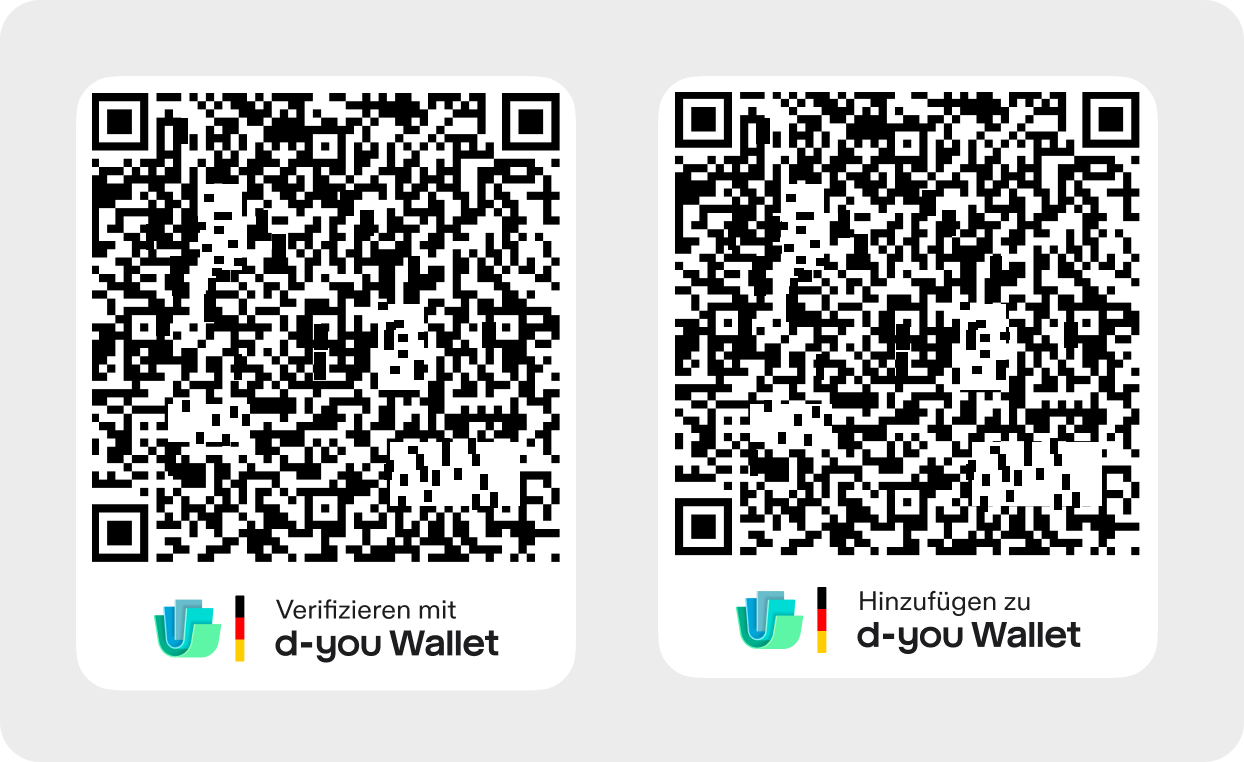 Two QR code frames side by side. Both have a white background with rounded corners, a QR code at the top and the branding below it: the d-you Wallet symbol, the vertical bar in black, red and gold, and a two-line label. The left frame reads "Verifizieren mit d-you Wallet", the right frame reads "Hinzufügen zu d-you Wallet".