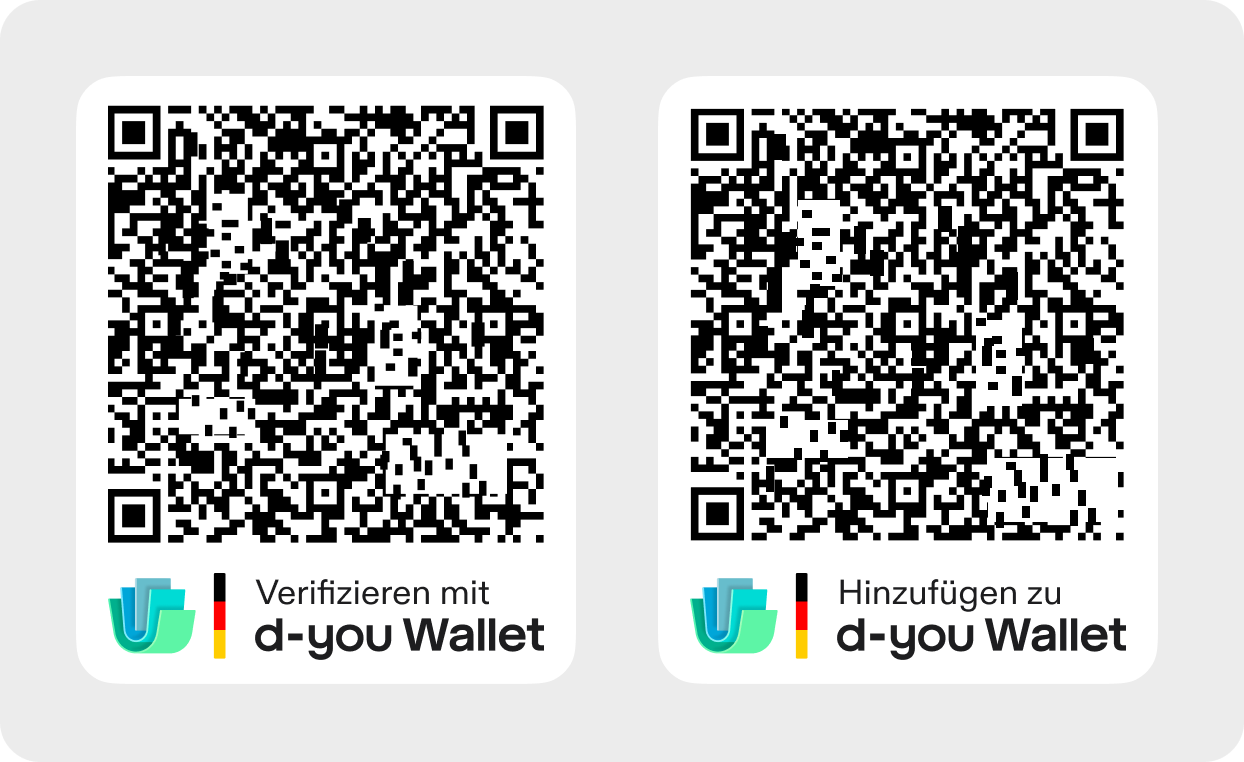 Two QR code frames side by side. Both have a white background with rounded corners, a QR code at the top and the branding below it: the d-you Wallet symbol, the vertical bar in black, red and gold, and a two-line label. The left frame reads "Verifizieren mit d-you Wallet", the right frame reads "Hinzufügen zu d-you Wallet".