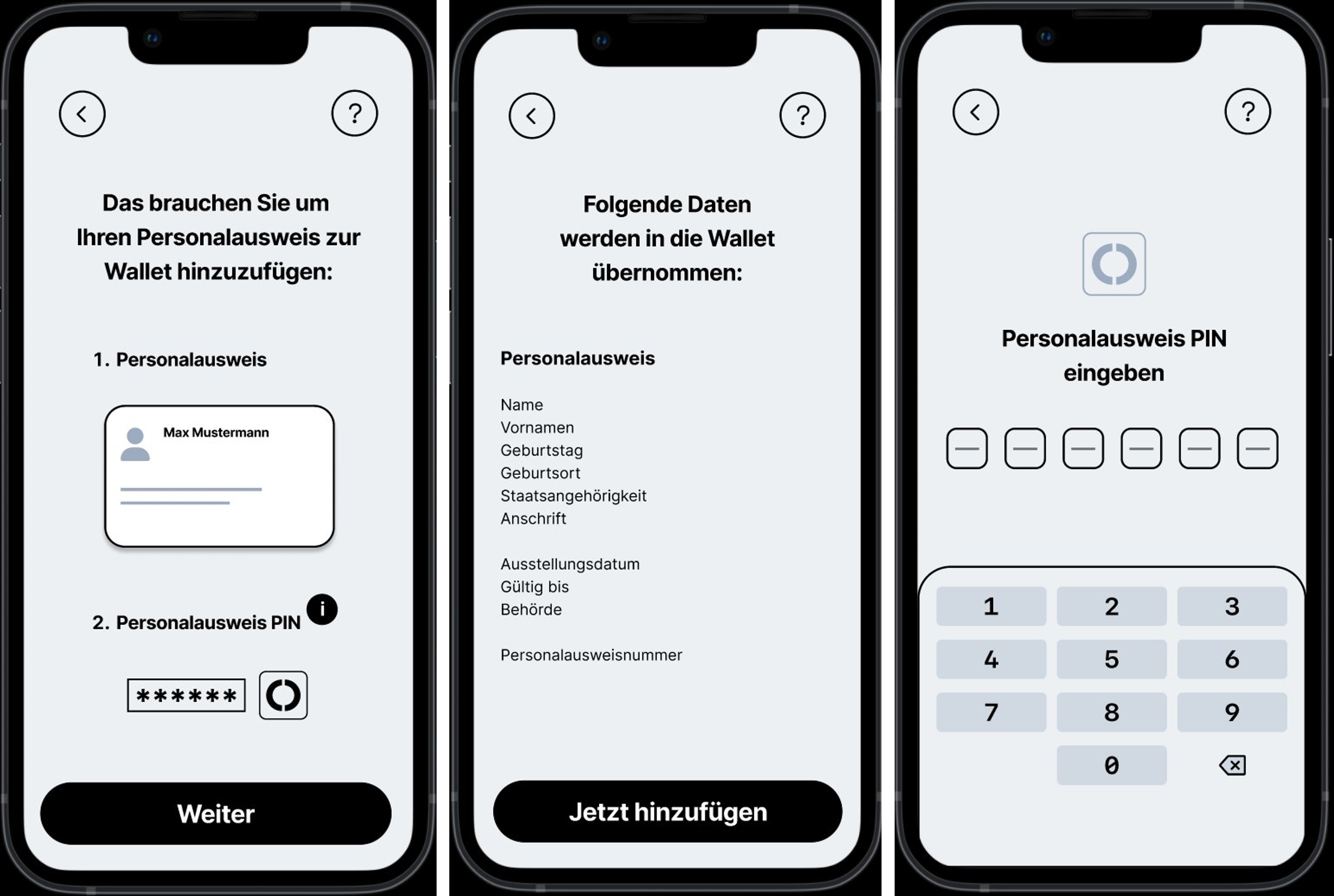 Wireframes from the creation of the digital ID card